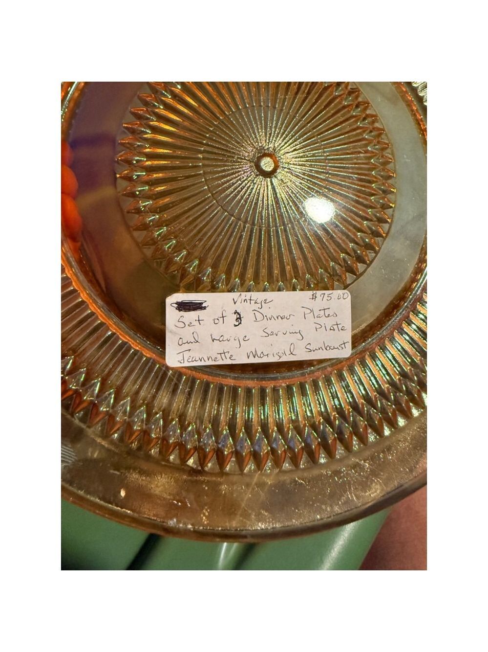 Jeanette Marigold Sunburst design. 3 ￼plates depression, glass, amber flawless